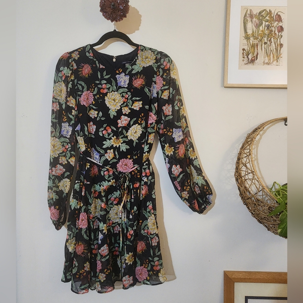 Tommy Hilfiger Womens 6 Black Floral Long Sleeve Smock Waist Chiffon Dress